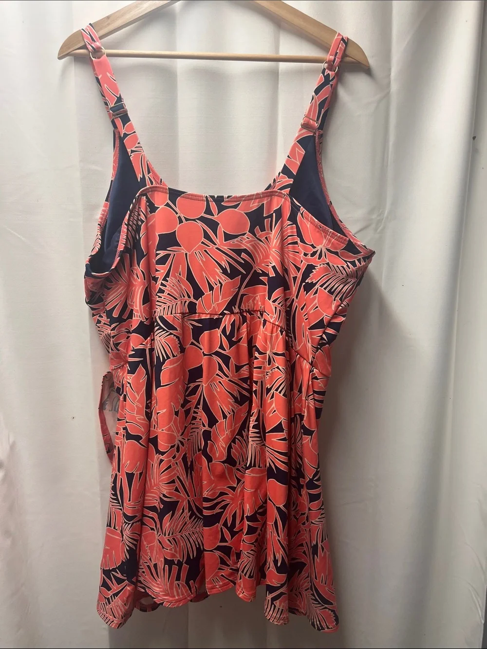 Land’s End Plus Tulip Wrap Wood Lily Palm Navy Blue One Piece Swim Dress- 3X